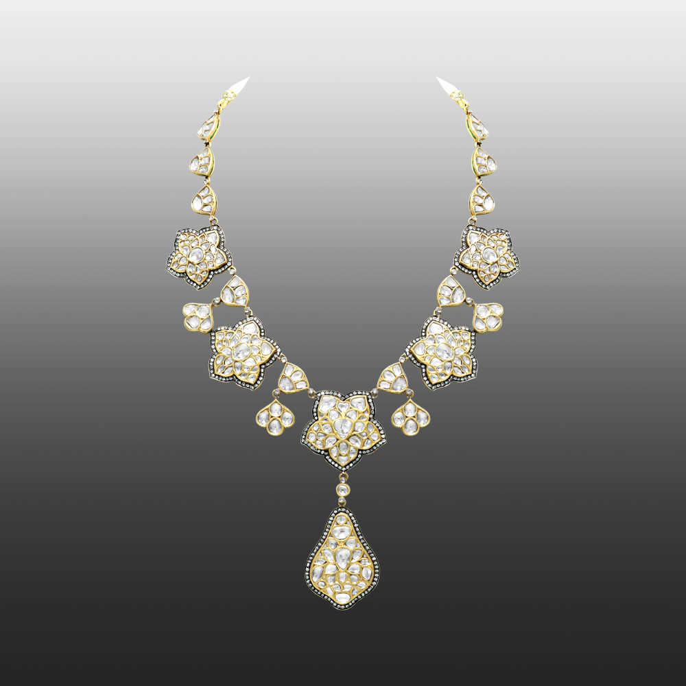 Victorian-Style Polki Necklace with Teardrop Pendant